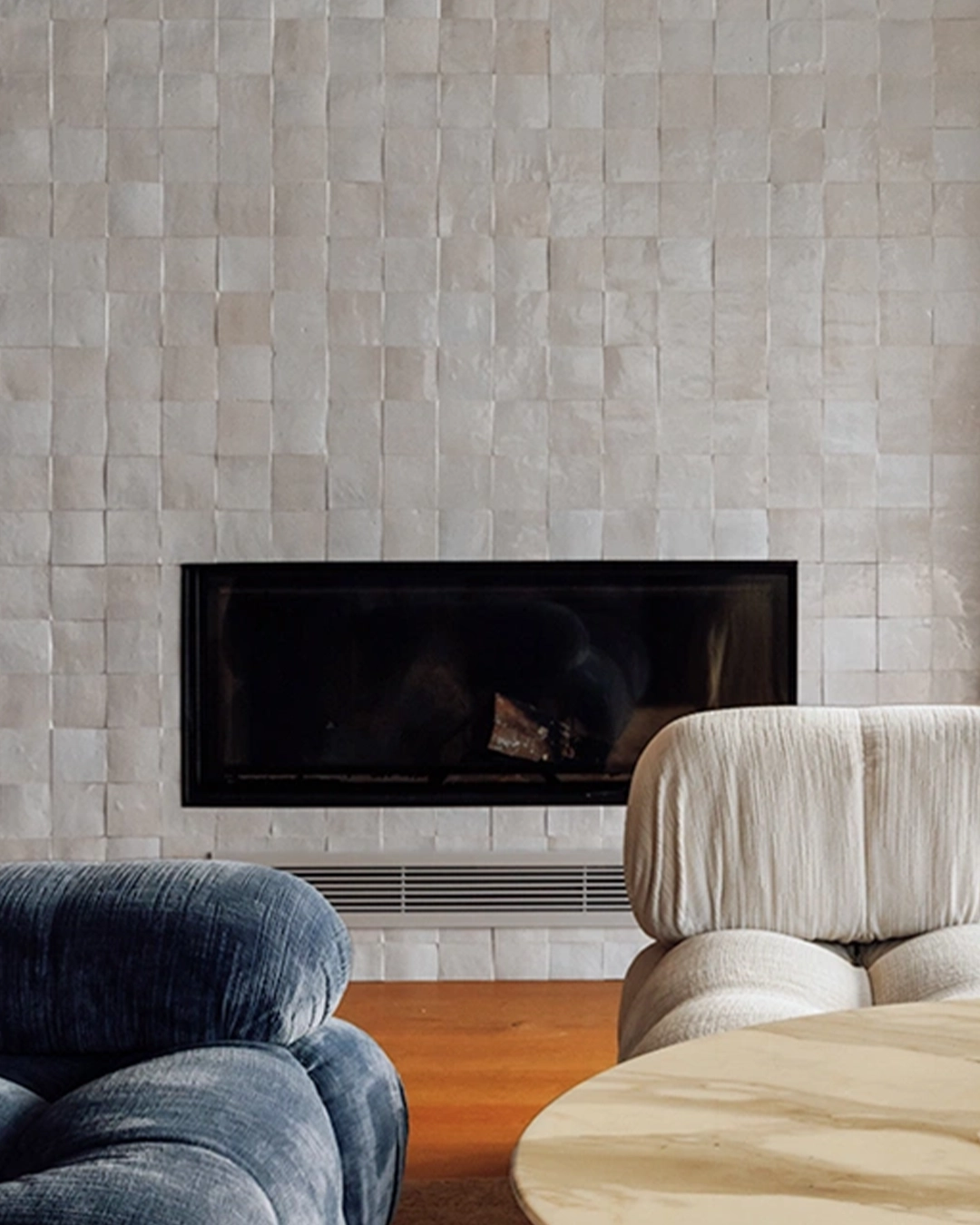Modern Fireplace with white zellige tiles
